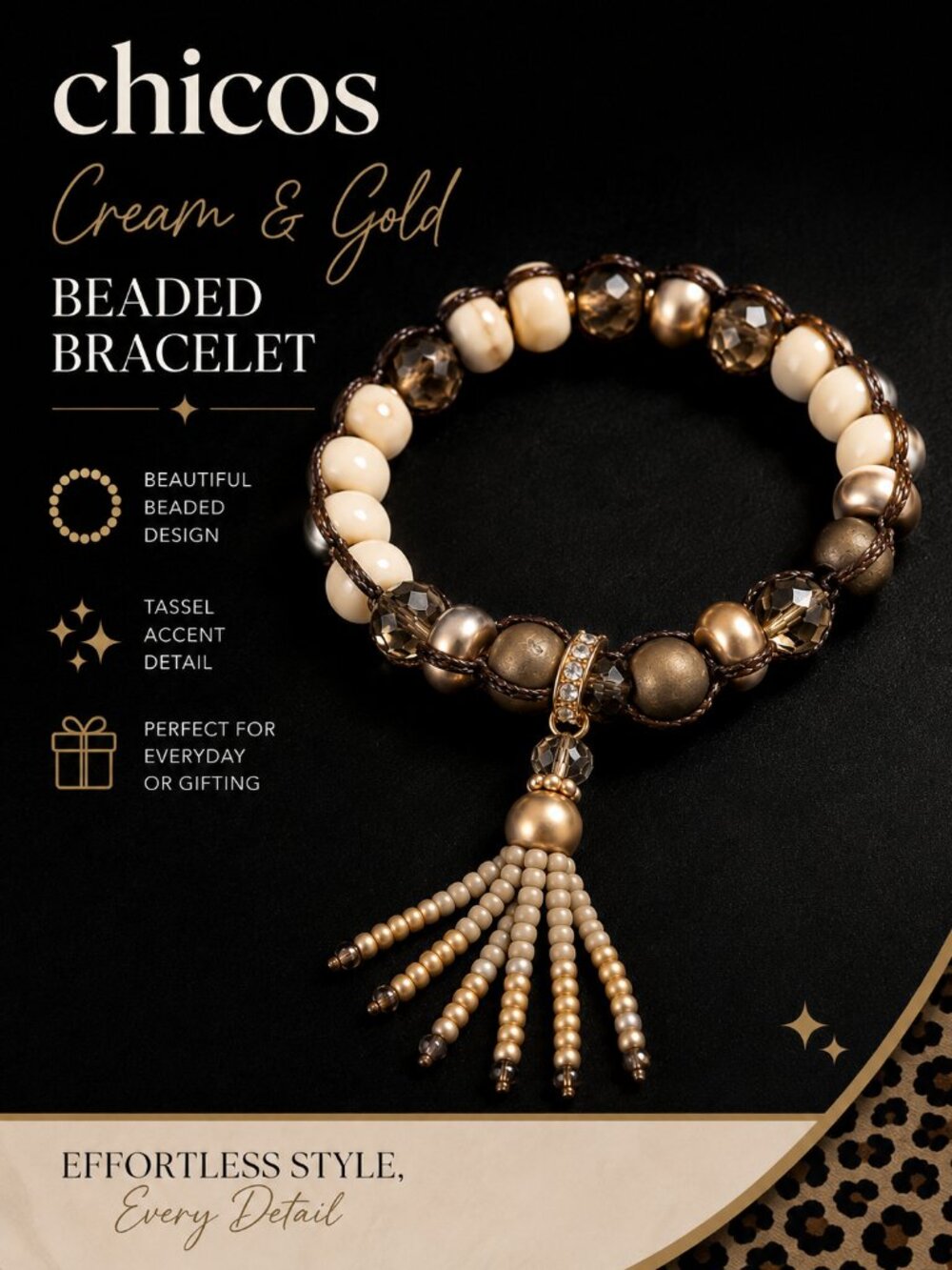 Chico’s NWT Cream Gold Beaded Tassel Stretch Bracelet